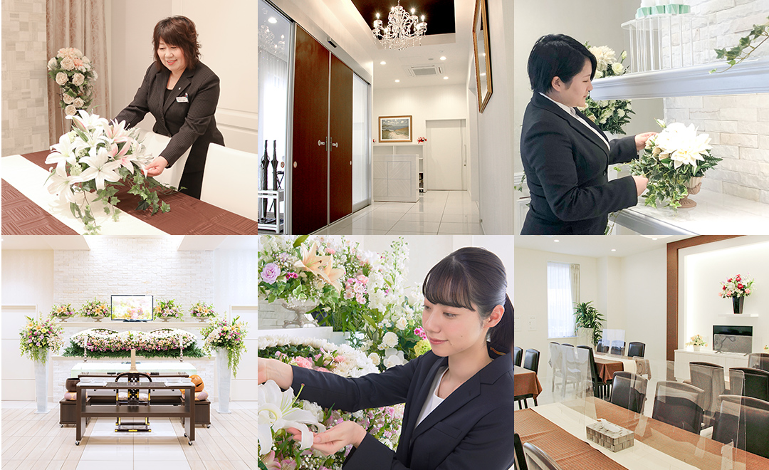 葬儀社として選ばれる理由（葬儀スタッフが斎場で葬儀に使用する生花やテーブルを整えている様子や葬儀会場の祭壇など）